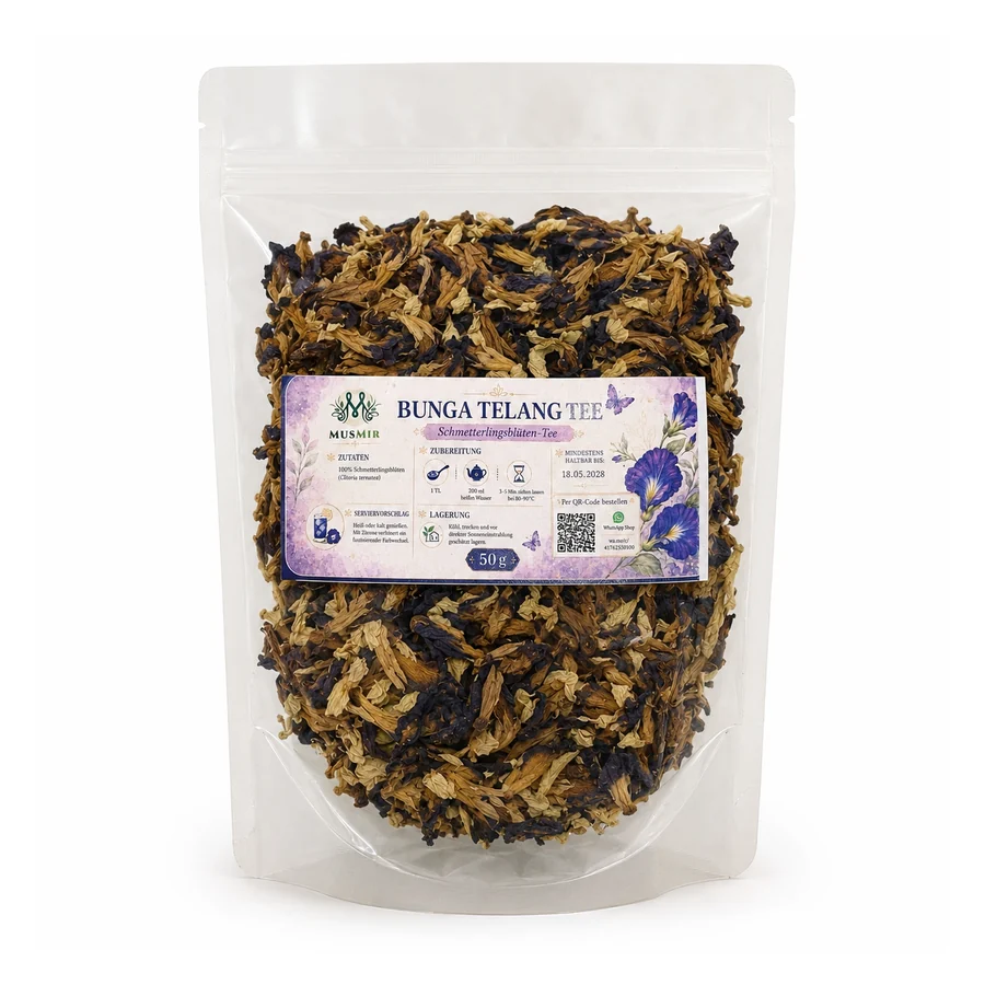 MusMir Bunga Telang Tee Verpackung – Rückseite mit Produktinformationen