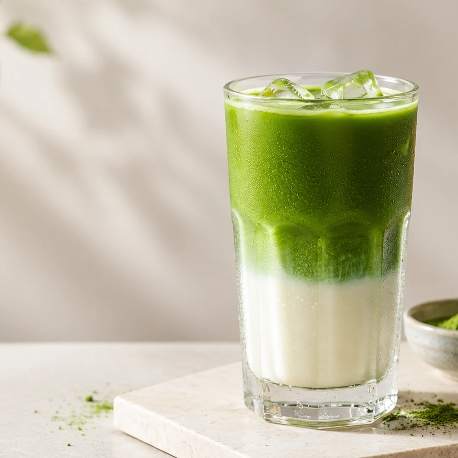 Iced Matcha Latte mit Eiswürfeln im Glas