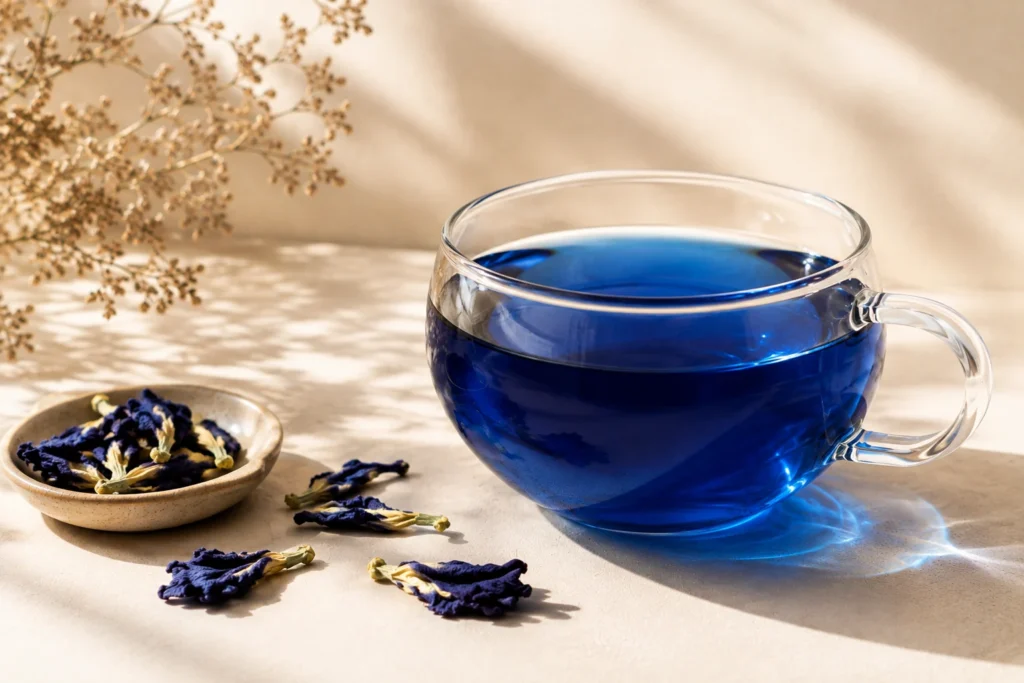 Bunga Telang Tee richtig zubereiten – blauer Schmetterlingserbsen-Tee im Glas