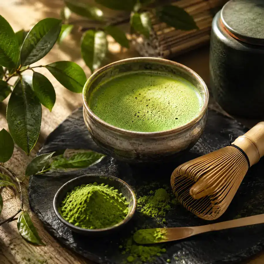 Aufgeschäumter Matcha Tee mit Matcha-Pulver und Bambusbesen